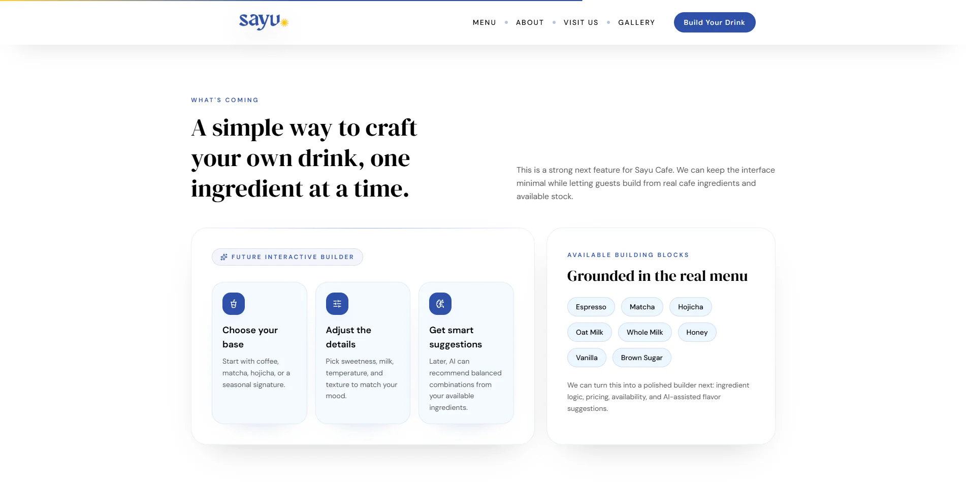 Sayu Café drink builder concept with ingredient and customization options.
