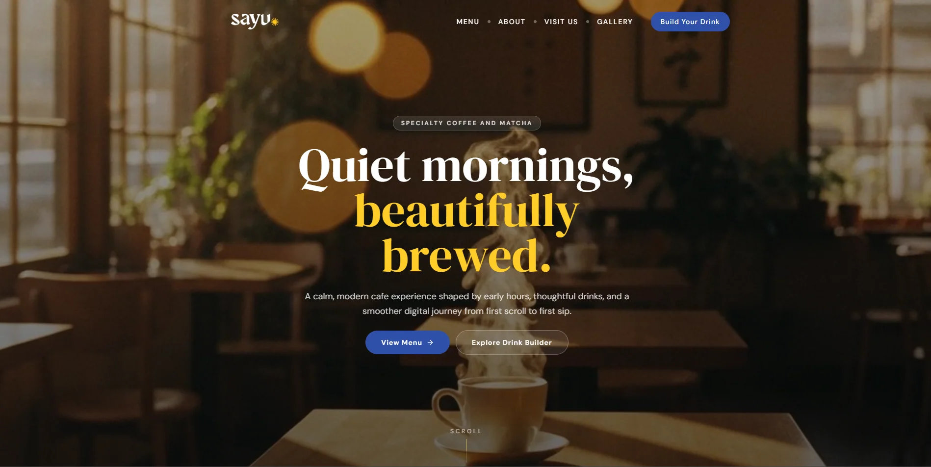 Sayu Café website hero with its specialty coffee and matcha offering.