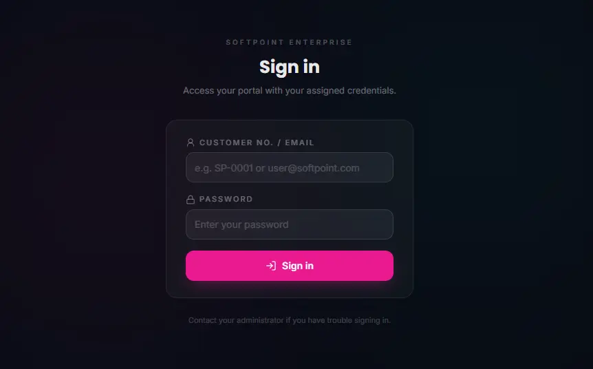 Softpoint Enterprise client portal sign-in screen with customer number and password fields.