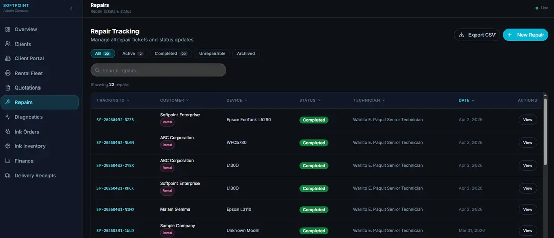 Softpoint Enterprise operations dashboard showing repair tickets, statuses, and service history.