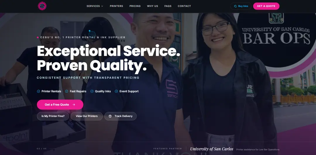 Softpoint Enterprise website introducing its printer services with a customer event photograph.