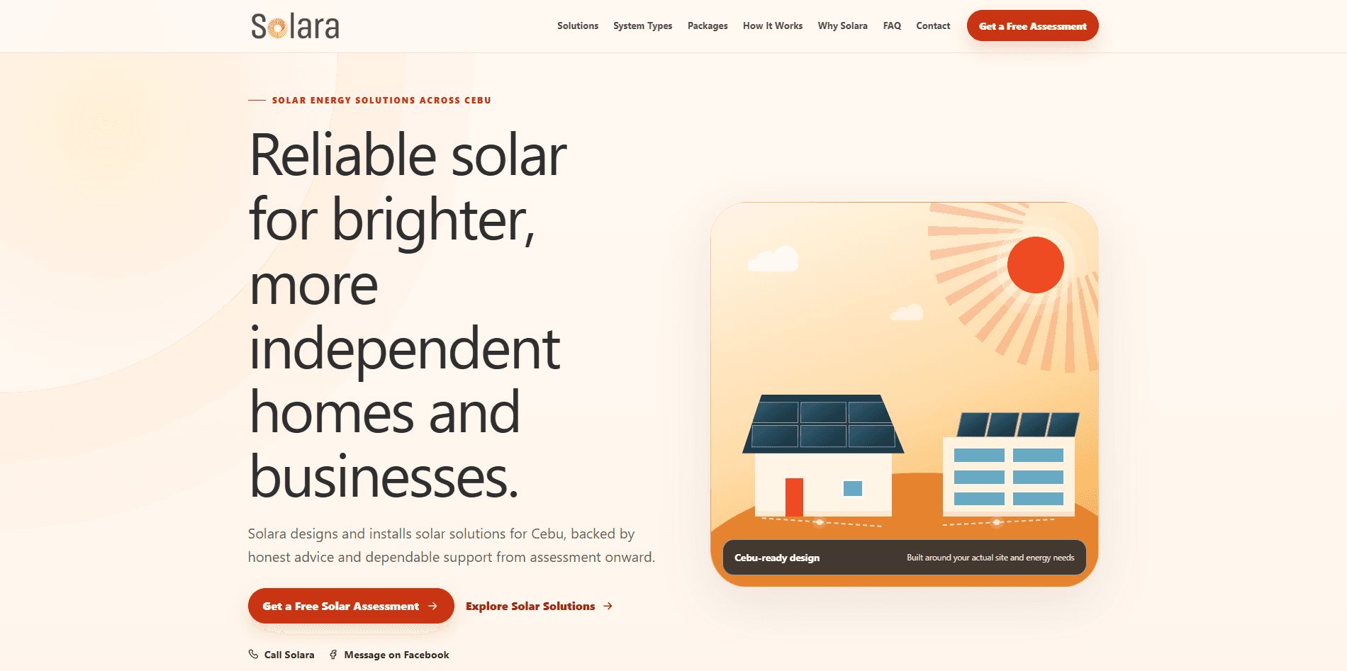 Solara homepage presenting reliable solar solutions for homes and businesses in Cebu.