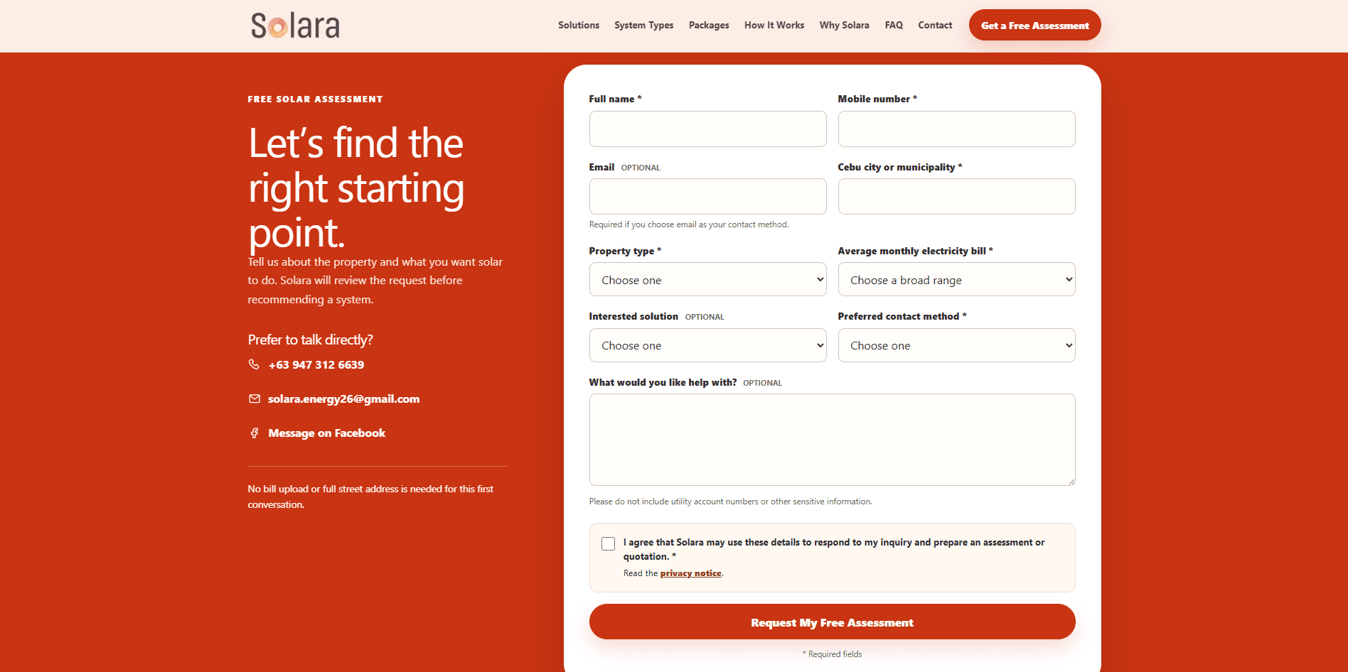Solara solar assessment inquiry form for prospective customers.