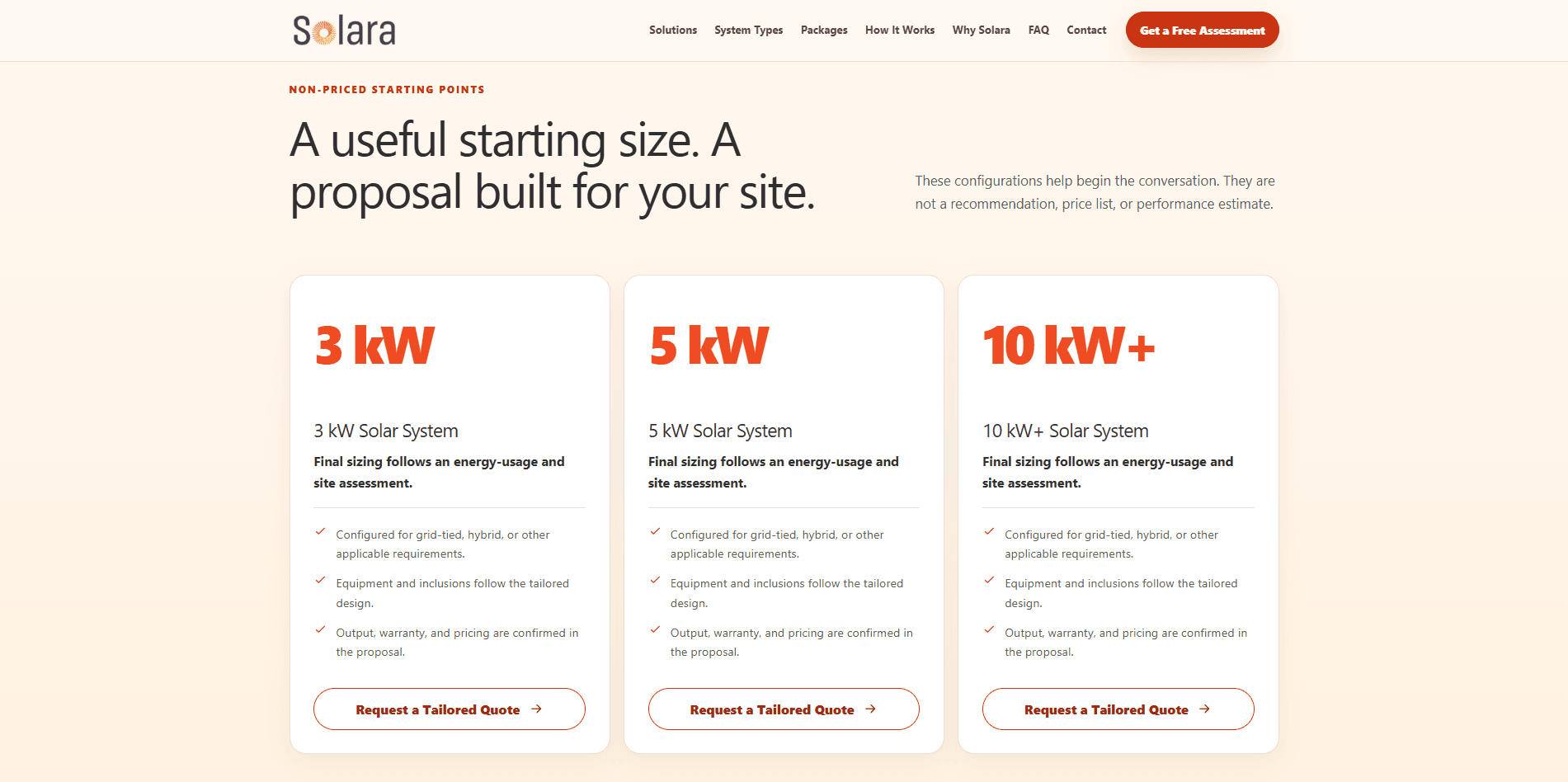 Solara system starting points showing three, five, and ten kilowatt solar configurations.